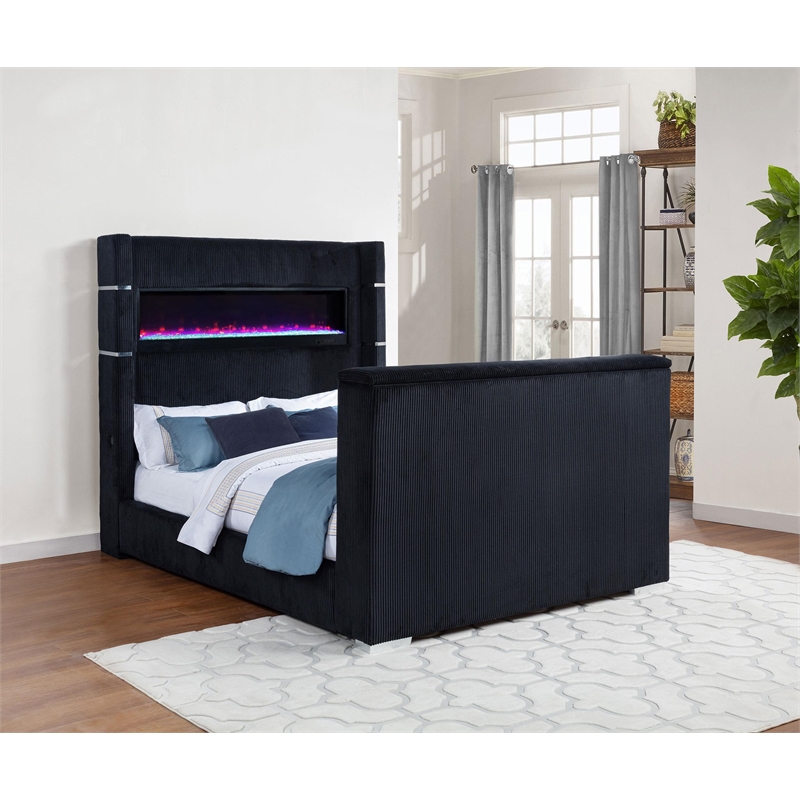 Pemberly Row Fabric California King Flame Visualizer TV Bed in Black