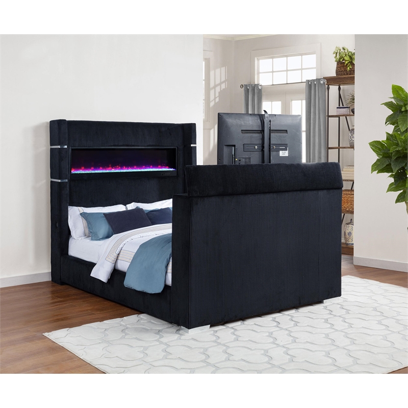 Pemberly Row Fabric California King Flame Visualizer TV Bed in Black
