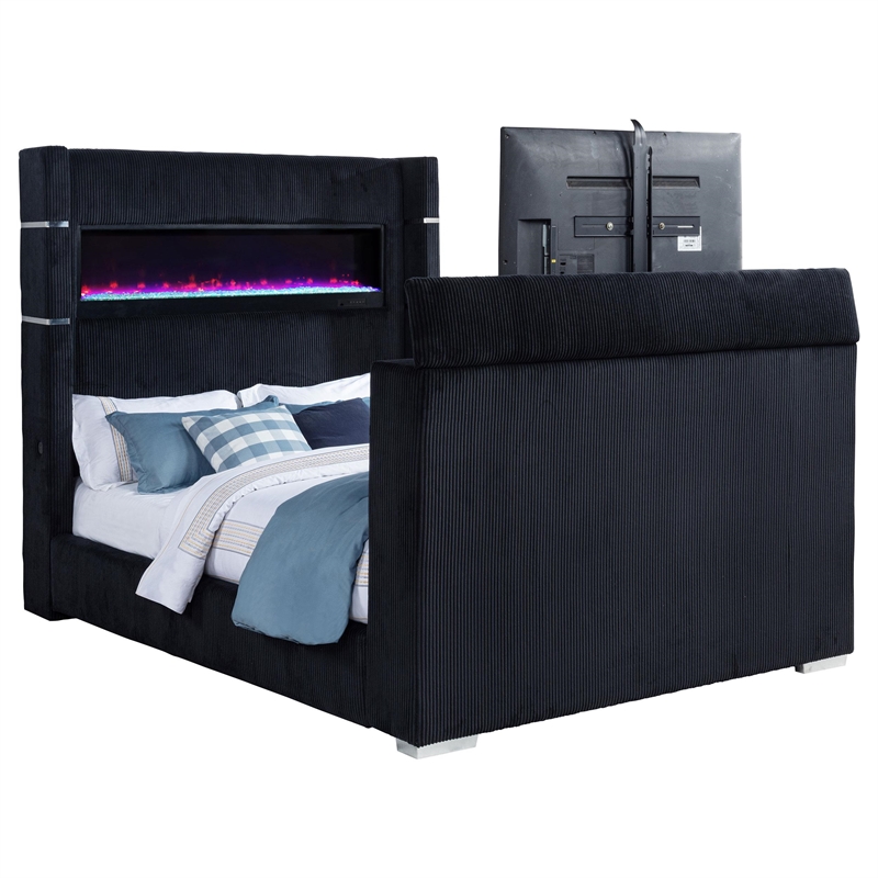 Pemberly Row Fabric California King Flame Visualizer TV Bed in Black