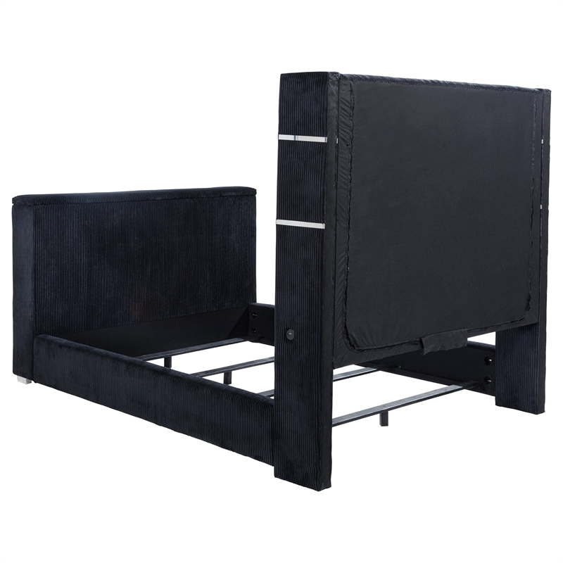 Pemberly Row Fabric California King Flame Visualizer TV Bed in Black