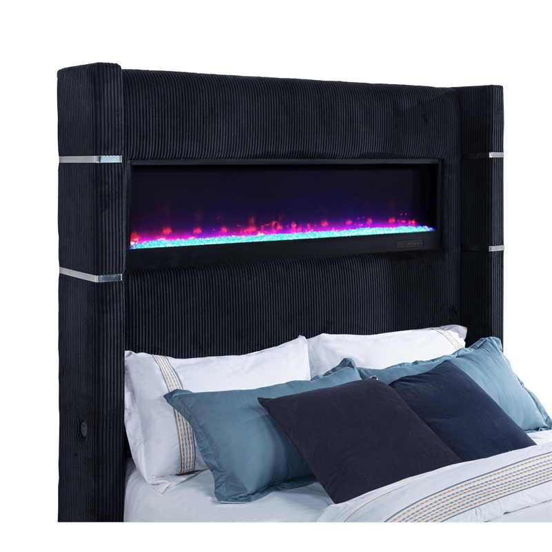 Pemberly Row Fabric California King Flame Visualizer TV Bed in Black
