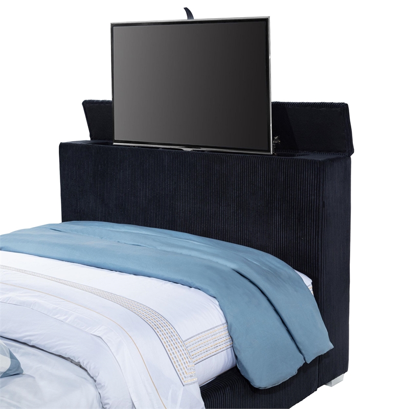 Pemberly Row Fabric California King Flame Visualizer TV Bed in Black