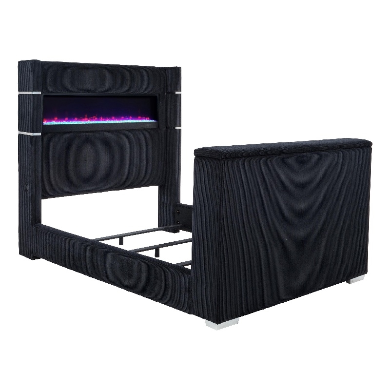 Pemberly Row Fabric California King Flame Visualizer TV Bed in Black