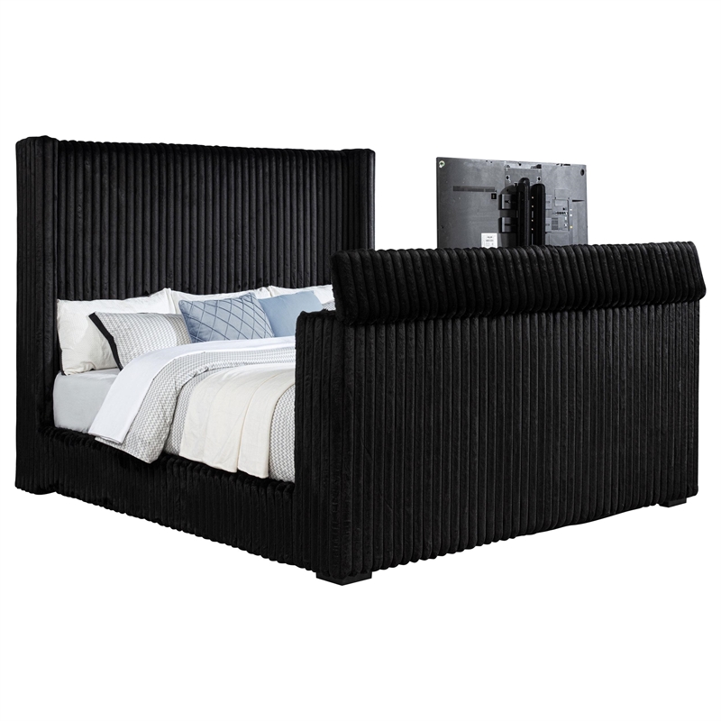 Pemberly Row Upholstered Velvet Eastern King Wingback TV Bed in Black