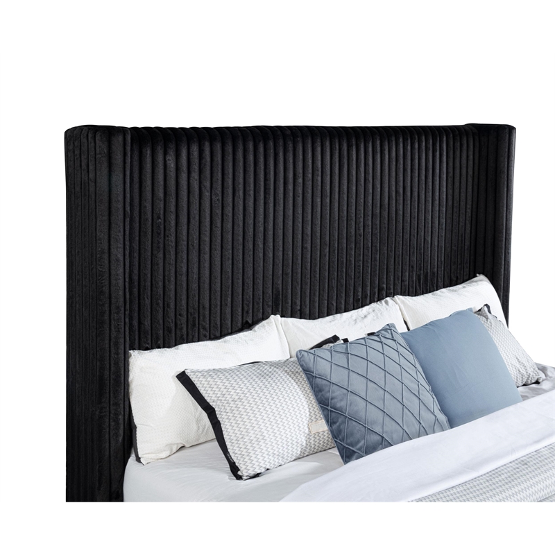 Pemberly Row Upholstered Velvet Eastern King Wingback TV Bed in Black