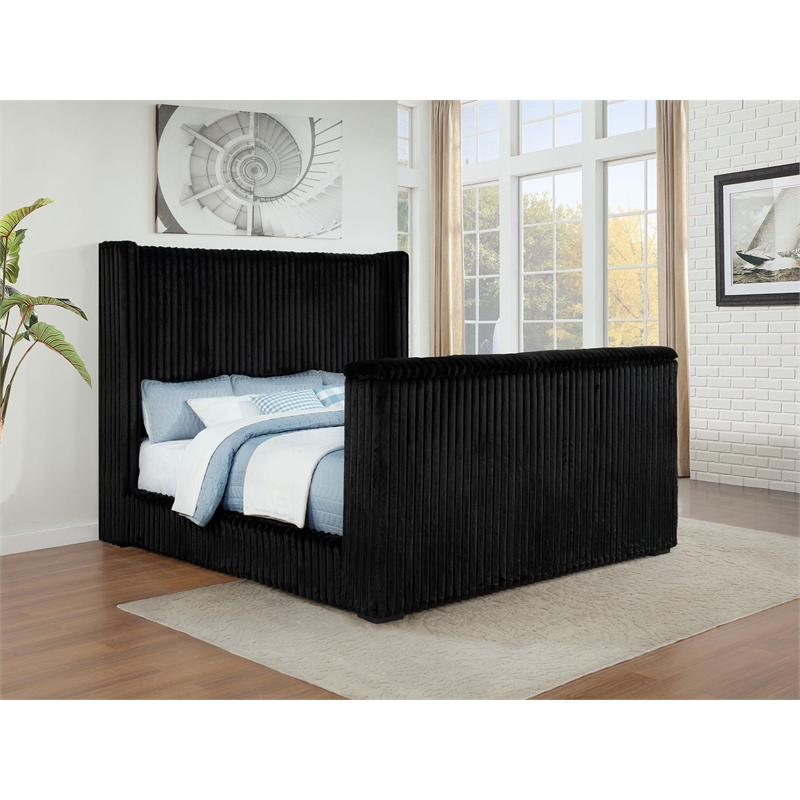 Pemberly Row Upholstered Velvet California King Wingback TV Bed in Black