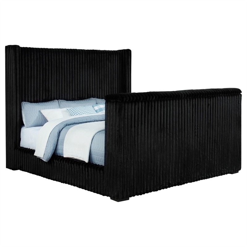 Pemberly Row Upholstered Velvet California King Wingback TV Bed in Black