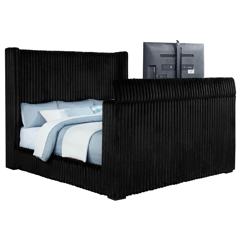 Pemberly Row Upholstered Velvet California King Wingback TV Bed in Black