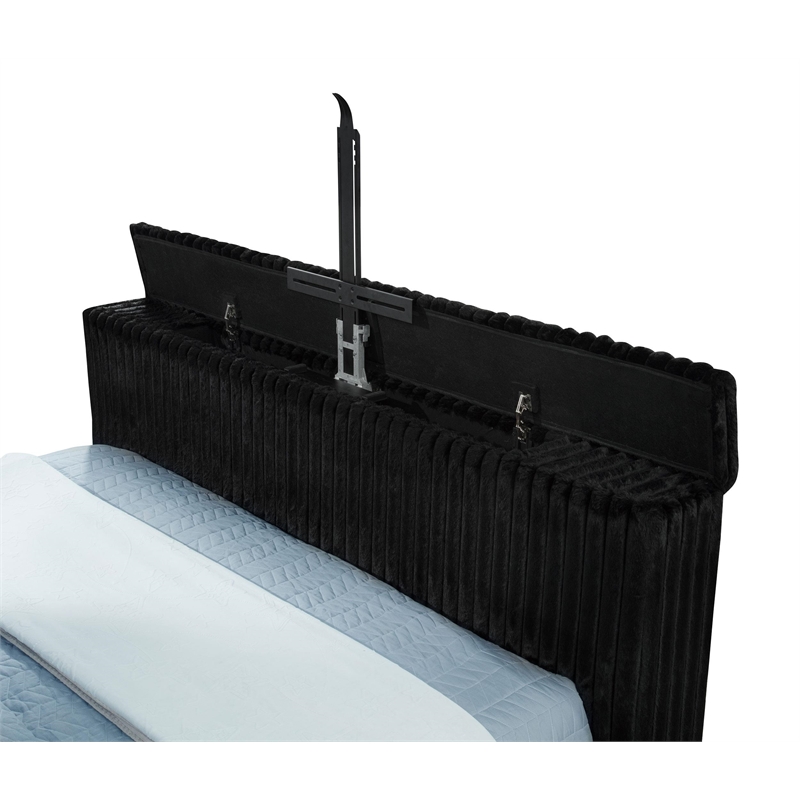 Pemberly Row Upholstered Velvet California King Wingback TV Bed in Black