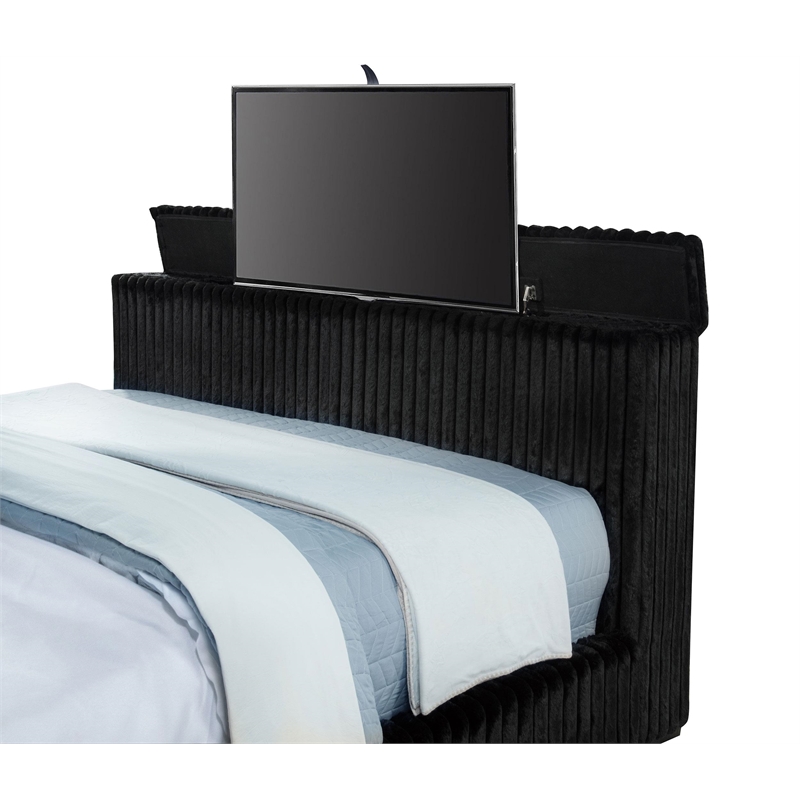 Pemberly Row Upholstered Velvet California King Wingback TV Bed in Black