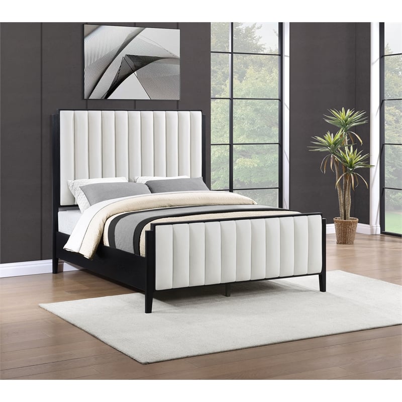 Pemberly Row 60-Inch Upholstered Queen Bed in Black Wood Grain