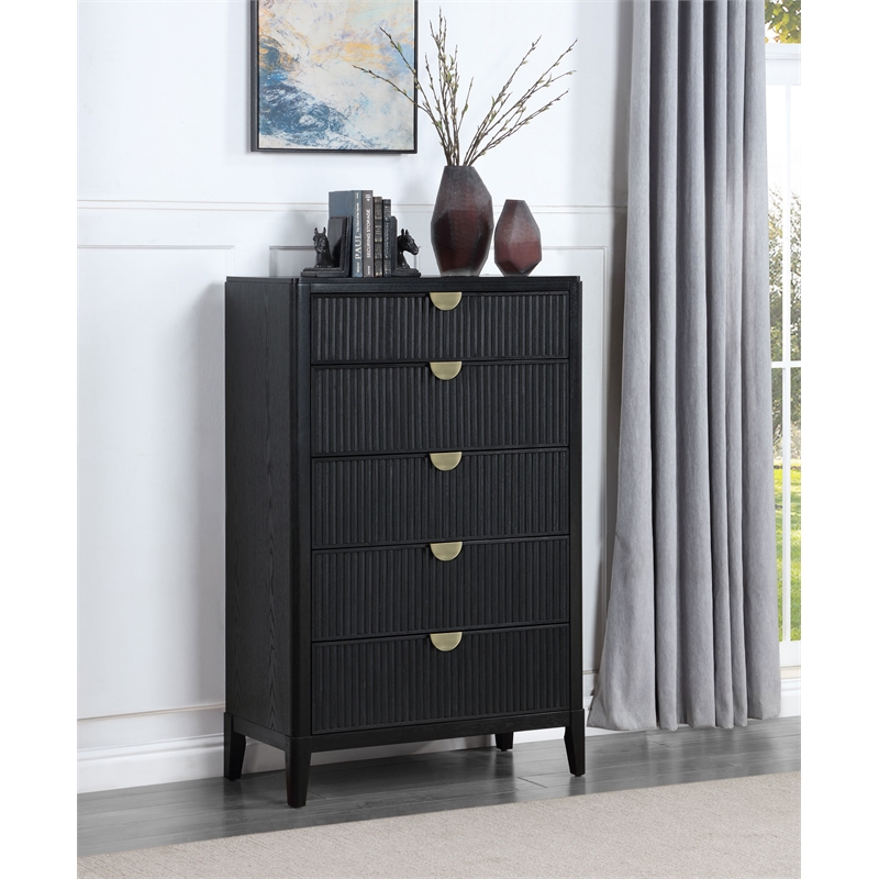 Pemberly Row 5-Drawer Wire-Brushed Fluted Bedroom Chest in Black