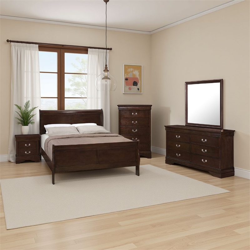 Pemberly Row 5-Piece Traditional Queen Sleigh Bedroom Set in Dark Brown