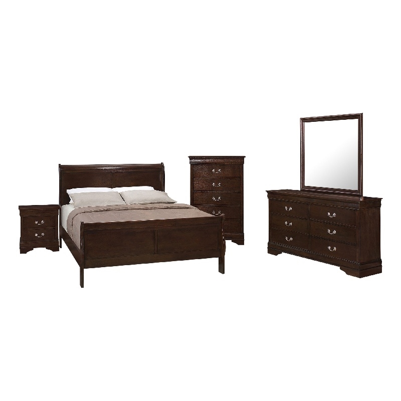 Pemberly Row 5-Piece Traditional Queen Sleigh Bedroom Set in Dark Brown