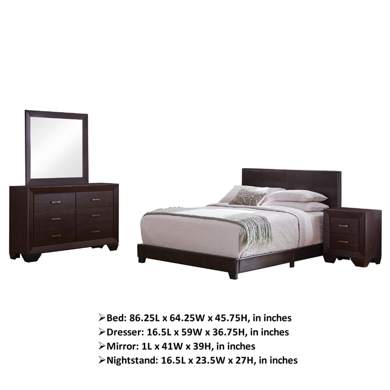 Pemberly Row 4-Piece Queen Faux Leather Bedroom Set in Dark Cocoa Brown