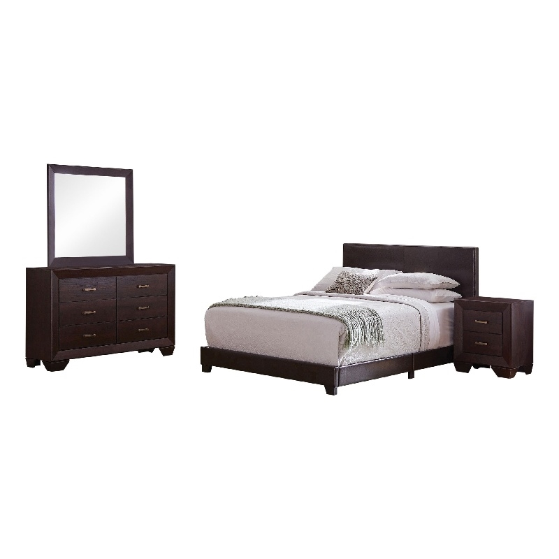 Pemberly Row 4-Piece Queen Faux Leather Bedroom Set in Dark Cocoa Brown