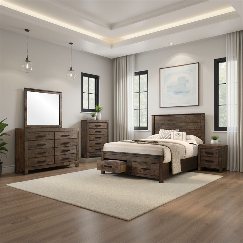 Pemberly Row 5-Piece Queen Storage Bedroom Set in Rustic Golden Brown