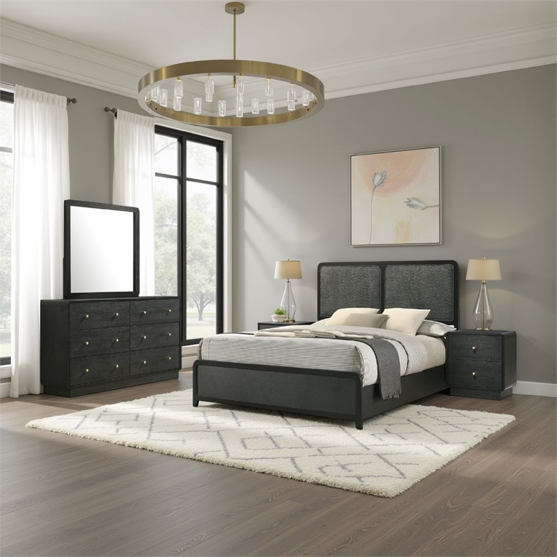 Pemberly Row 4-Piece Queen Bedroom Set with Gold Accents in Black