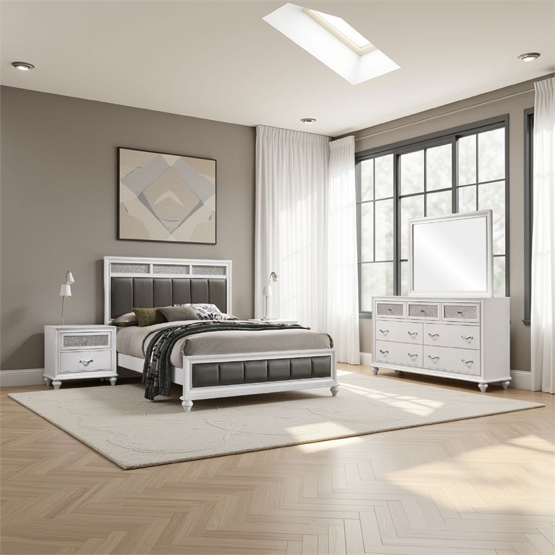 Pemberly Row 4-Piece Queen Faux Leather Bedroom Set in Gray and White