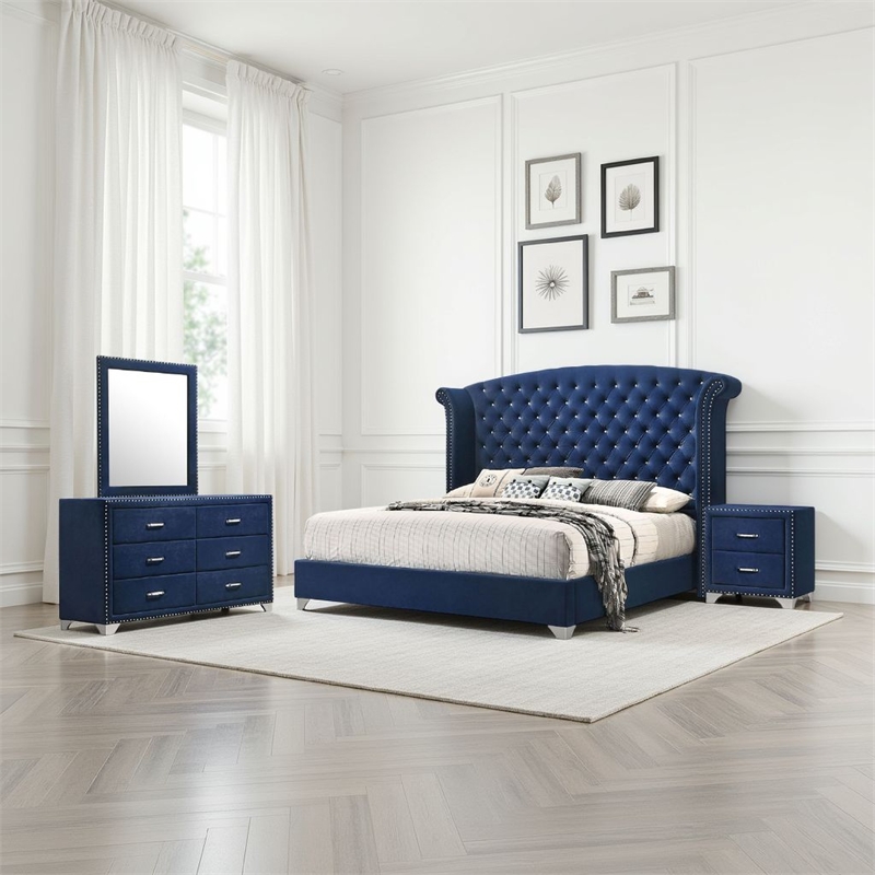 Pemberly Row 4-Piece Queen Tufted Velvet Bedroom Set in Pacific Blue