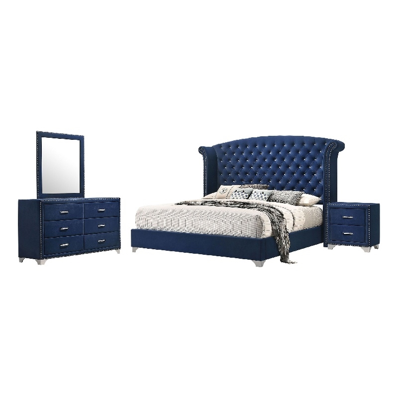 Pemberly Row 4-Piece Queen Tufted Velvet Bedroom Set in Pacific Blue