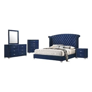 Pemberly Row 5-Piece Queen Tufted Velvet Bedroom Set in Pacific Blue