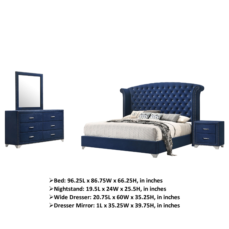 Pemberly Row 4-Piece King Tufted Velvet Bedroom Set in Pacific Blue