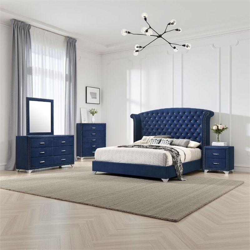 Pemberly Row 5-Piece King Tufted Velvet Bedroom Set in Pacific Blue