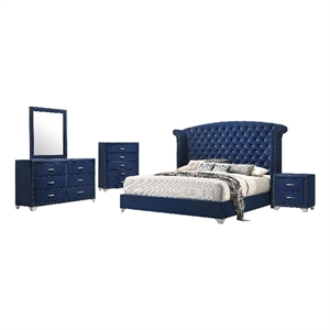 Pemberly Row 5-Piece King Tufted Velvet Bedroom Set in Pacific Blue