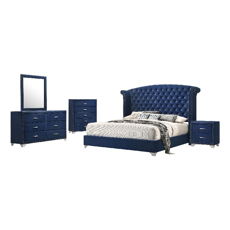 Pemberly Row 5-Piece King Tufted Velvet Bedroom Set in Pacific Blue