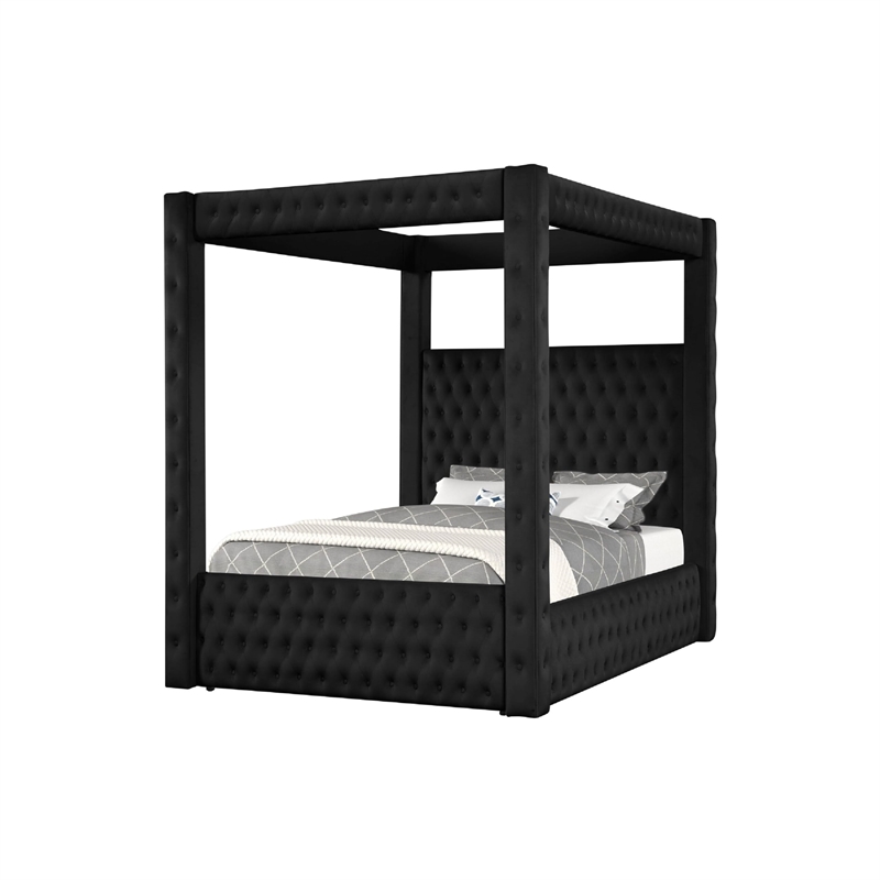 Pemberly Row King Canopy Bed with Tufted Headboard in Black Velvet