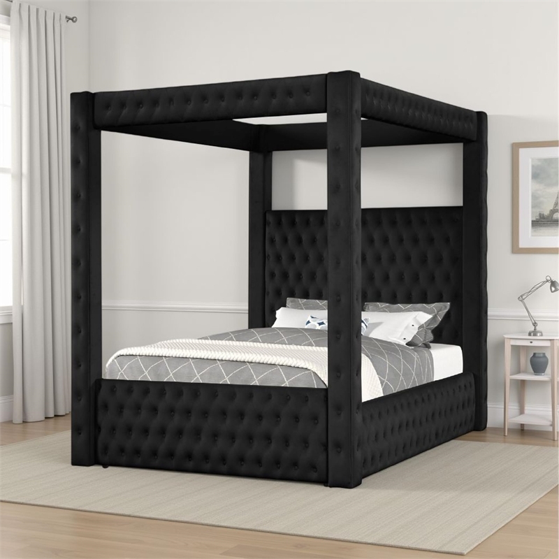 Pemberly Row King Canopy Bed with Tufted Headboard in Black Velvet
