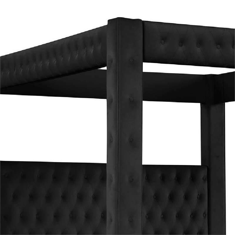 Pemberly Row King Canopy Bed with Tufted Headboard in Black Velvet