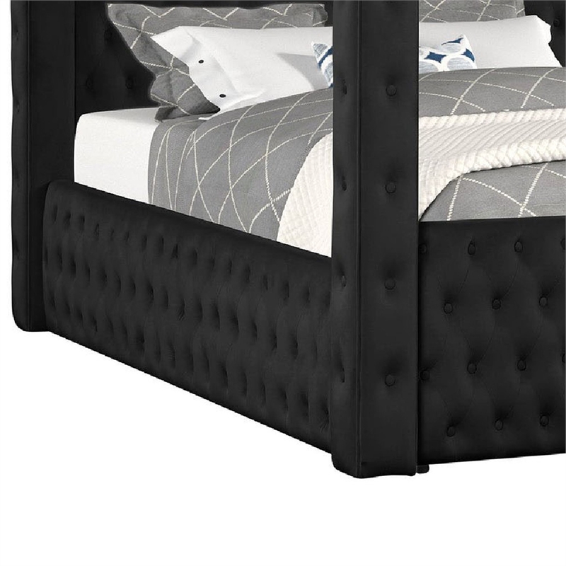 Pemberly Row King Canopy Bed with Tufted Headboard in Black Velvet