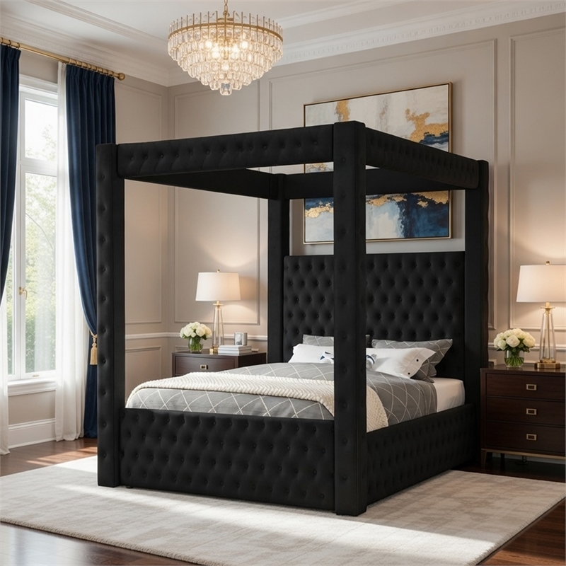 Pemberly Row King Canopy Bed with Tufted Headboard in Black Velvet