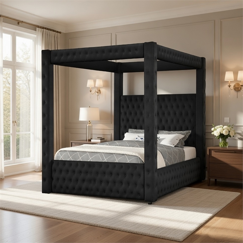 Pemberly Row King Canopy Bed with Tufted Headboard in Black Velvet