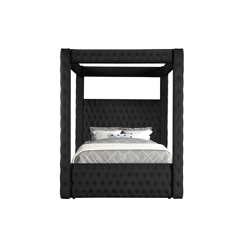 Pemberly Row Queen Canopy Bed with Tufted Headboard in Black Velvet