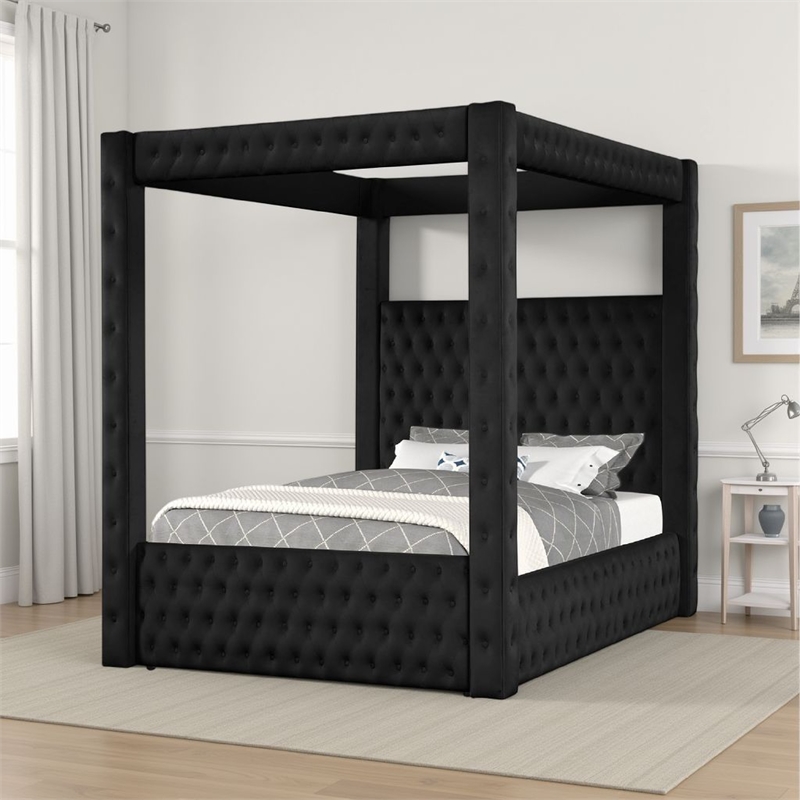Pemberly Row Queen Canopy Bed with Tufted Headboard in Black Velvet