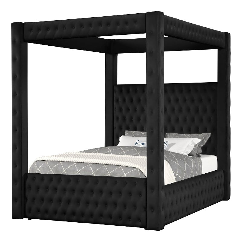 Pemberly Row Queen Canopy Bed with Tufted Headboard in Black Velvet