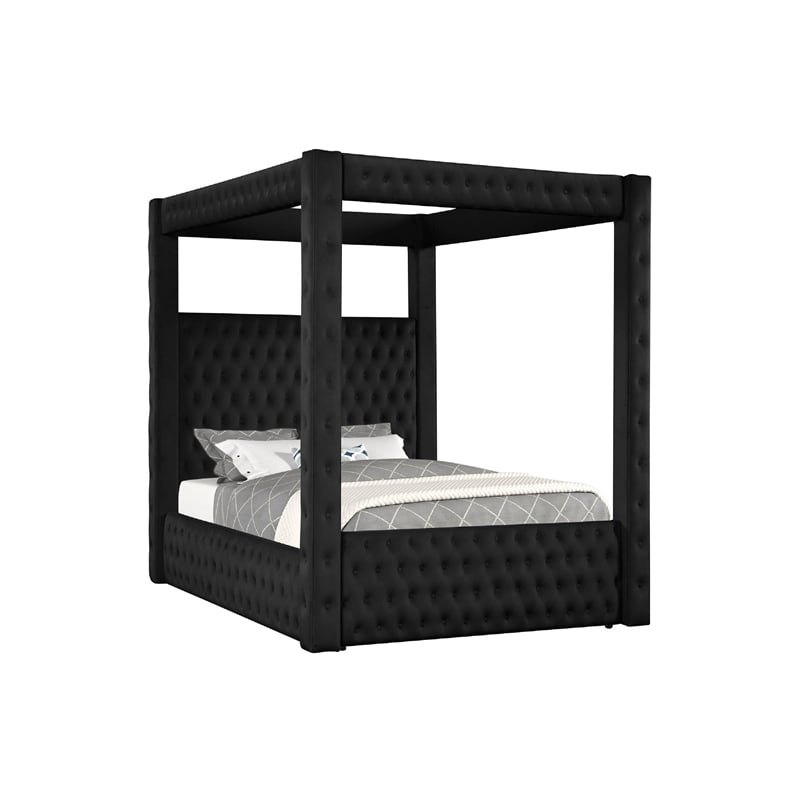Pemberly Row Queen Canopy Bed with Tufted Headboard in Black Velvet