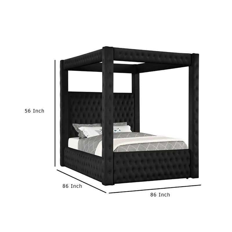 Pemberly Row Queen Canopy Bed with Tufted Headboard in Black Velvet