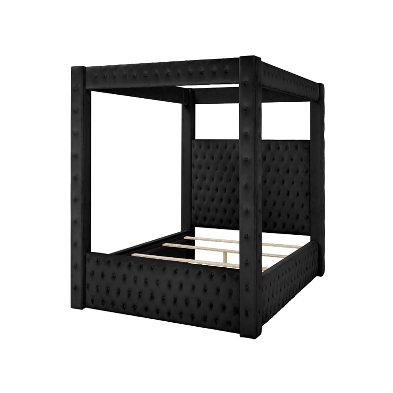Pemberly Row Queen Canopy Bed with Tufted Headboard in Black Velvet