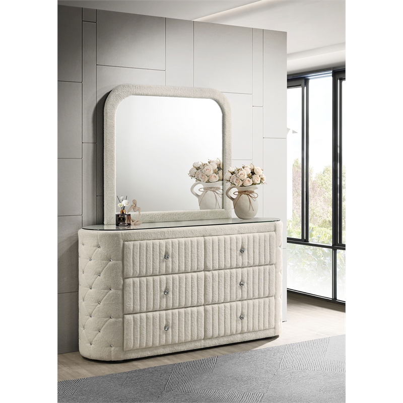 Pemberly Row 6-Drawer Boucle Bedroom Dresser with Mirror in Ivory White
