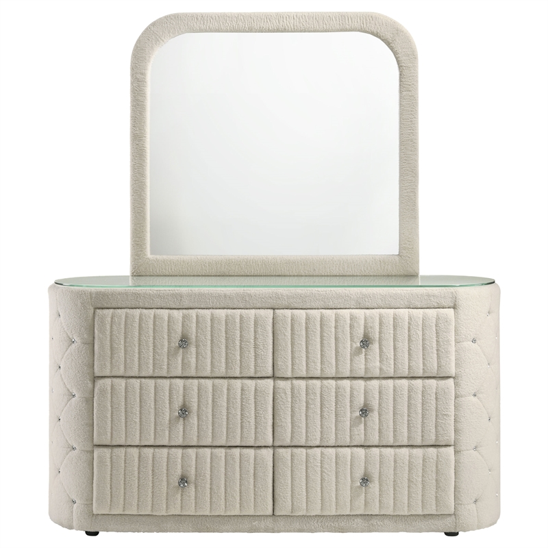 Pemberly Row 6-Drawer Boucle Bedroom Dresser with Mirror in Ivory White