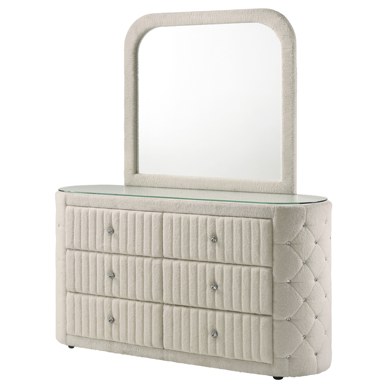 Pemberly Row 6-Drawer Boucle Bedroom Dresser with Mirror in Ivory White