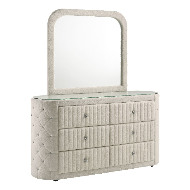 Pemberly Row 6-Drawer Boucle Bedroom Dresser with Mirror in Ivory White