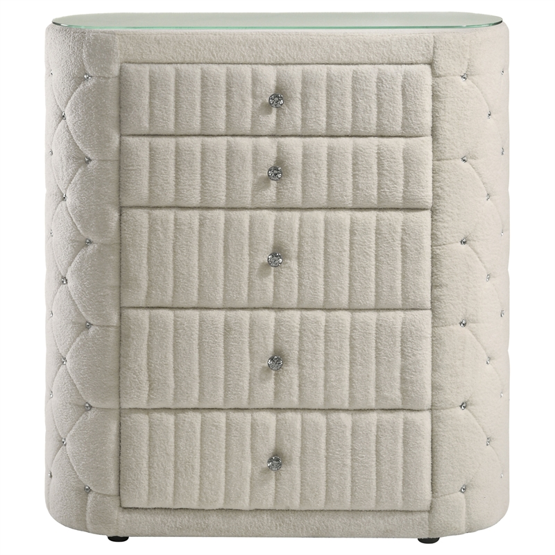 Pemberly Row 5-Drawer Tall Boucle Bedroom Chest in Ivory White
