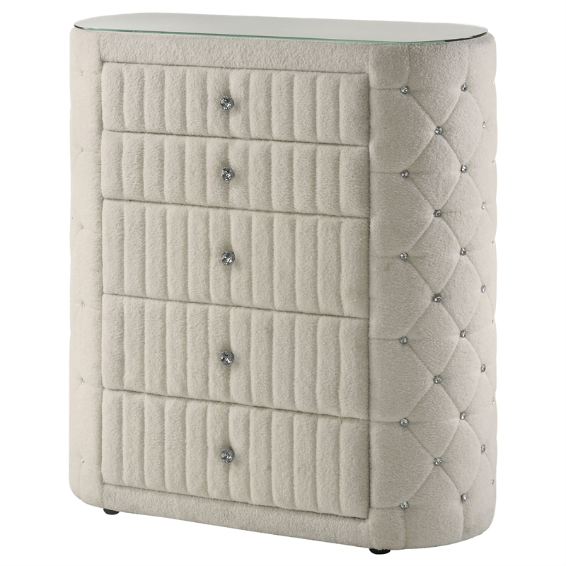 Pemberly Row 5-Drawer Tall Boucle Bedroom Chest in Ivory White