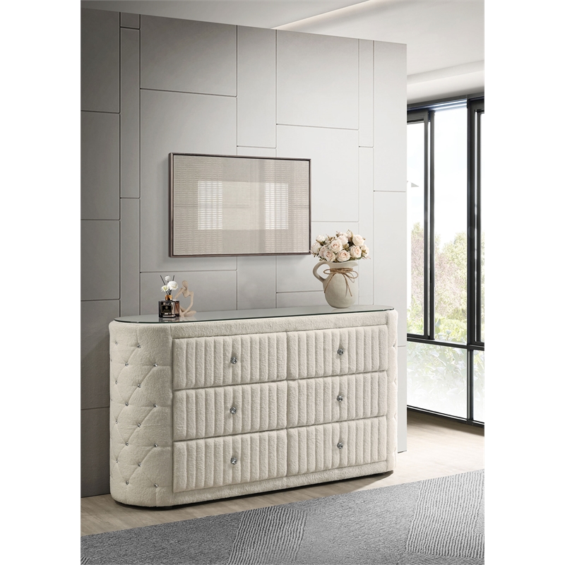 Pemberly Row 6-Drawer Modern Boucle Bedroom Dresser in Ivory White