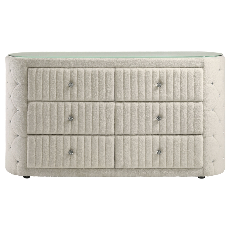 Pemberly Row 6-Drawer Modern Boucle Bedroom Dresser in Ivory White